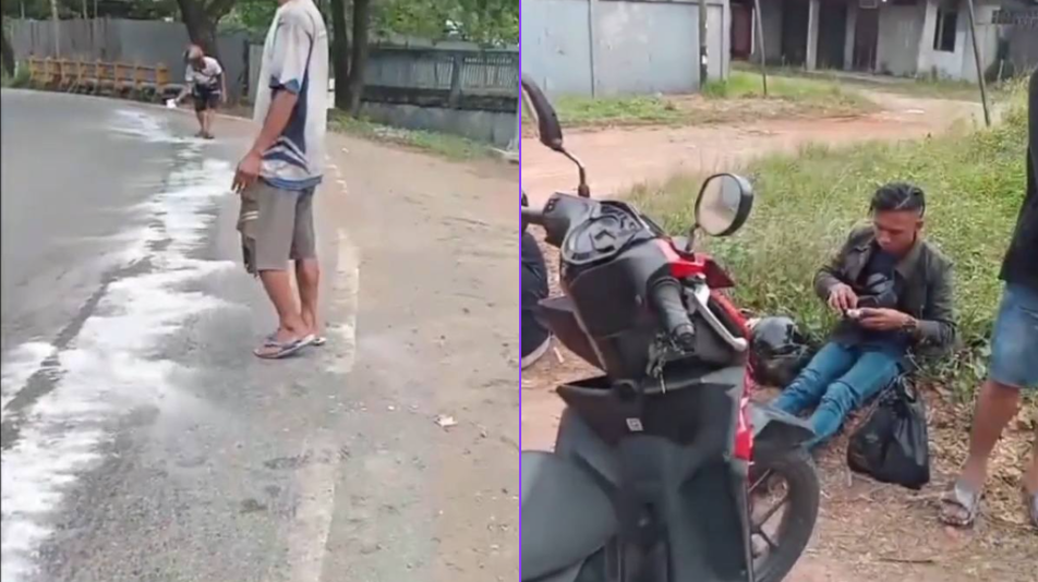 Tumpahan Solar di Jalan Ya' M Sabran Sebabkan Pengendara Motor Jatuh