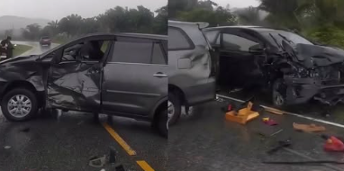 Jalan Licin, Dua Mobil Bertabrakan di Kawasan Santok Sambas
